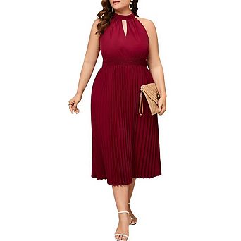 Women's Plus Size Halter Neck Sleeveless Pleated Midi Dress Summer Backless Flowy Beach Sundress
