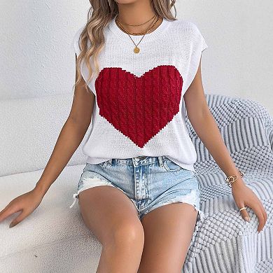 Women's Elegant Color-Block Heart Knit Top Loose Sleeveless Sweater Blouses