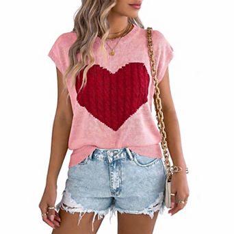 Women's Elegant Color-Block Heart Knit Top Loose Sleeveless Sweater Blouses