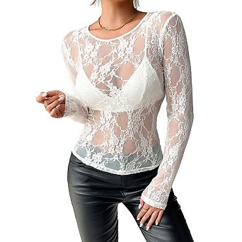 Womens Crew Neck Long Sleeve Sheer Lace Top Floral Casual Tops