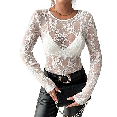 Womens Crew Neck Long Sleeve Sheer Lace Top Floral Casual Tops