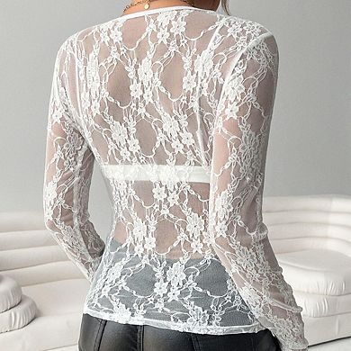 Womens Crew Neck Long Sleeve Sheer Lace Top Floral Casual Tops