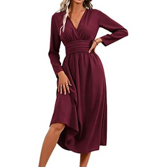 Womens Wrap V-Neck Empire Waist Dress Long Sleeve Ruched Elegant Maxi Dress