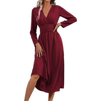 Womens V-Neck Wrap Dresses Long Sleeve Empire Waist Pleated skirt Dressy  Elegant Cocktail Dress