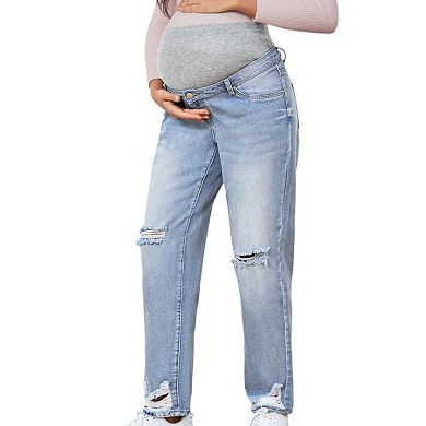 Women's Maternity Jeans Over Belly Comfy Stretch Boyfriend Jeans Loose Pregnancy Pants