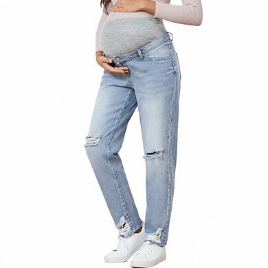 Women's Maternity Jeans Over Belly Comfy Stretch Boyfriend Jeans Loose Pregnancy Pants