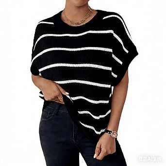 Women's Ribbed Sweater Crew Neck Short Sleeve Loose Fit Floral Knit Pullover Tops