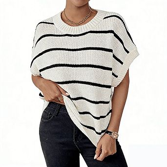 Women's Ribbed Sweater Crew Neck Short Sleeve Loose Fit Floral Knit Pullover Tops