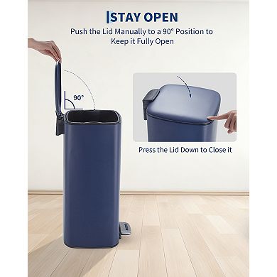 Stainless Steel Kitchen Trash Can - Step-On, Lid, Removable Inner Bucket, Square Garbage Bin