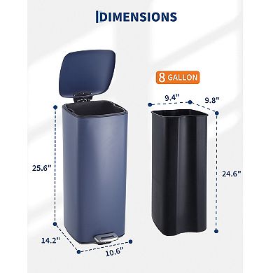 Stainless Steel Kitchen Trash Can - Step-On, Lid, Removable Inner Bucket, Square Garbage Bin