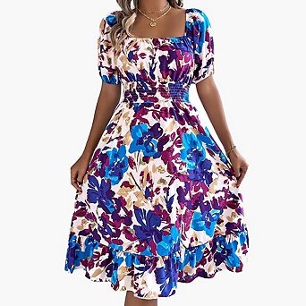 Floral Print Puff Sleeve Dress Square Neck Off-Shoulder Waist-Cinching Ruffle Casual A-Line Dress