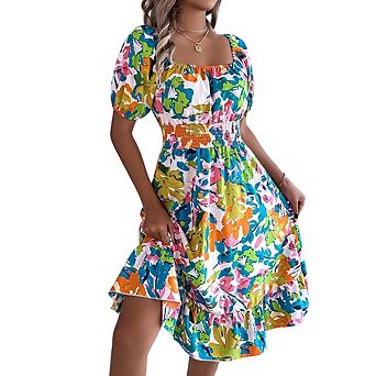 Floral Print Puff Sleeve Dress Square Neck Off-Shoulder Waist-Cinching Ruffle Casual A-Line Dress