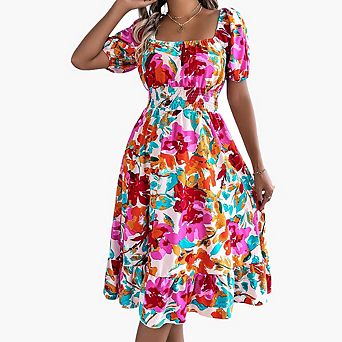 Floral Print Puff Sleeve Dress Square Neck Off-Shoulder Waist-Cinching Ruffle Casual A-Line Dress