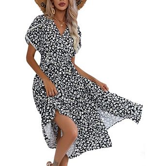 Women Boho Floral Casual Wrap Dress V Neck Short Sleeve Belt Side Slit A-Line Midi Summer Sundress