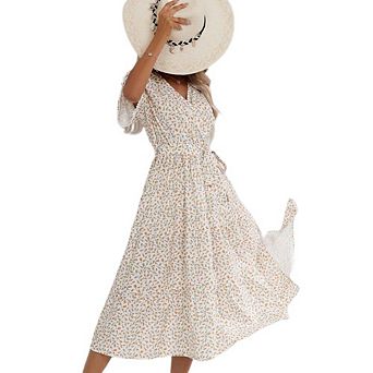 Women Boho Floral Casual Wrap Dress V Neck Short Sleeve Belt Side Slit A-Line Midi Summer Sundress