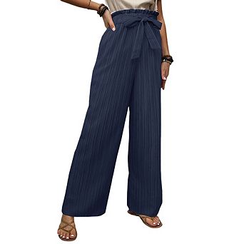 Women's Bow Tie Wide-Leg Pants Fashion Double Pleated Elastic Waist Loose Straight-Leg Casual Pants