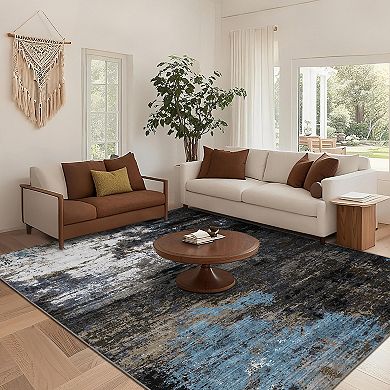 Modern Abstract Rug, Non Slip TPR Backing Rug, Soft Low Pile Thin Foldable Carpet for Living Room