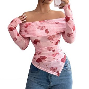 Women's Off-the-Shoulder Floral Ruched Blouse - Long Sleeve Sheer Top for Casual Evening Wear