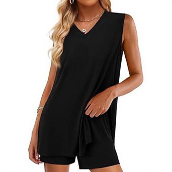 Womens Summer 2 pc Shorts Sets V Neck Long Tank Tops High Waist Loose Fit Matching Travel Outfits