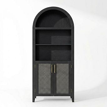 Arched 5 tier Bookshelf with Doors, Display Shelf with Rattan Details, Storage Cabinet