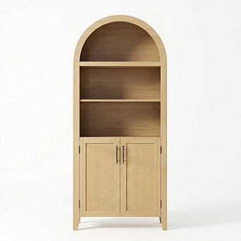 Arched 5 tier Bookshelf with Doors, Display Shelf with Rattan Details, Storage Cabinet