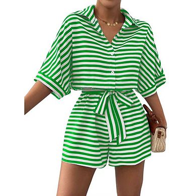 Womens Summer Casual Striped Rompers Short Sleeve Button Down Belted Elastic Waist Short Jumpsuit