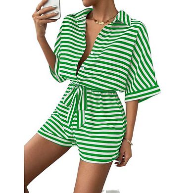 Womens Summer Casual Striped Rompers Short Sleeve Button Down Belted Elastic Waist Short Jumpsuit