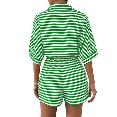 Womens Summer Casual Striped Rompers Short Sleeve Button Down Belted Elastic Waist Short Jumpsuit