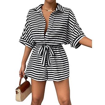 Womens Summer Casual Striped Rompers Short Sleeve Button Down Belted Elastic Waist Short Jumpsuit