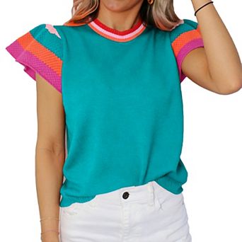 Women's Color Block Puff Sleeve Knit Top - Crew Neck Ribbed Blouse for Casual Daily Wear