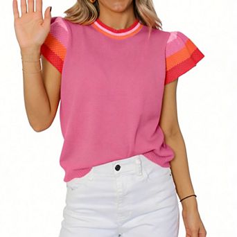 Women's Color Block Puff Sleeve Knit Top - Crew Neck Ribbed Blouse for Casual Daily Wear