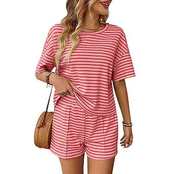 Womens Pajama Sets Striped 2 pc Lounge Sets Short Sleeve Oversized T Shirts Drawstring Shorts Set