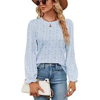 Women's Printed Puff Sleeve Blouse - Crew Neck Textured Long Sleeve Top for Casual Daily Wear