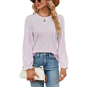 Women's Printed Puff Sleeve Blouse - Crew Neck Textured Long Sleeve Top for Casual Daily Wear