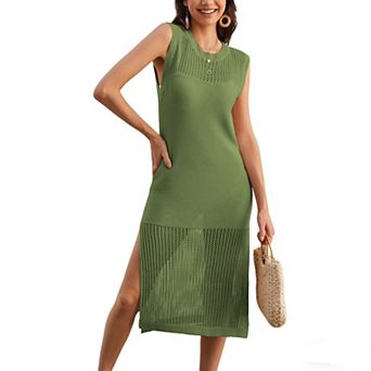 Women's Sleeveless Knit Midi Dress Summer Crew Neck Openwork Side Slit Casual Knitted Dress