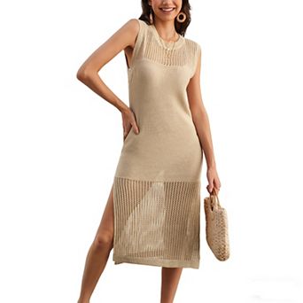 Women's Sleeveless Knit Midi Dress Summer Crew Neck Openwork Side Slit Casual Knitted Dress