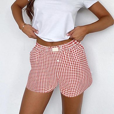 Womens Lounge Shorts Cute Soft Elastic Low Waist Plaid Print Button Front Pajama Bottoms Shorts