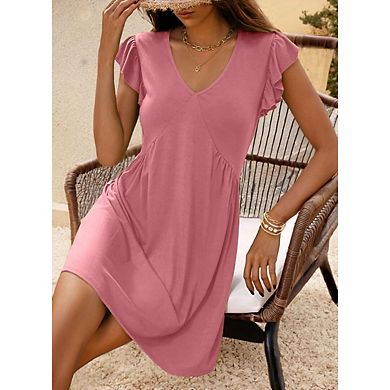 Women's Beach Casual Deep V Neck Loose Ruffle Sleeve Mini Sundress