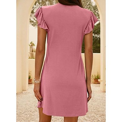 Women's Beach Casual Deep V Neck Loose Ruffle Sleeve Mini Sundress