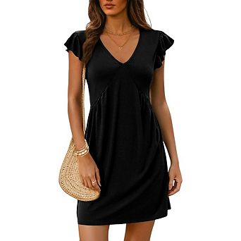 Women's Beach Casual Deep V Neck Loose Ruffle Sleeve Mini Sundress