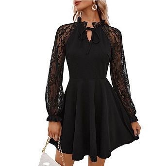 Womens Long Sleeve Lace Dress Crew Neck A Line Short Dress Fall Cocktail Wedding Guest Party Dresses