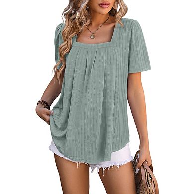 T Shirts for Women Pleated Square Neck Dressy Casual Blouses Puff Short ...