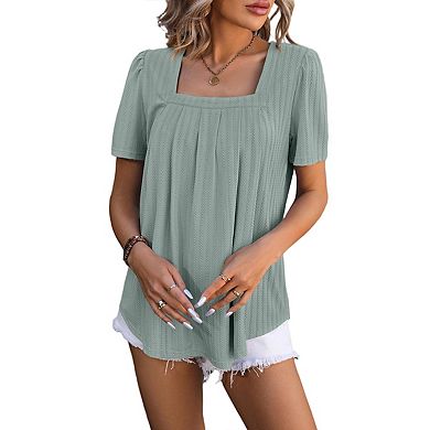 T Shirts for Women Pleated Square Neck Dressy Casual Blouses Puff Short ...