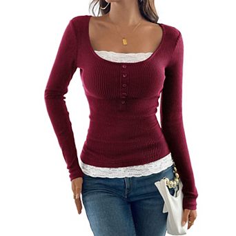Women's Ribbed Lace Trim Long Sleeve Top - Square Neck Button Knit Blouse for Casual Daily Wear