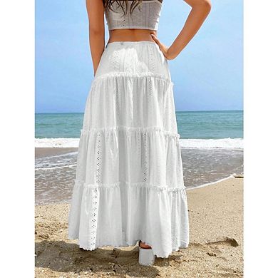 Women's Boho Flowy Maxi Skirt Flared Ruffle Elastic Waist Summer A Line Long Skirts