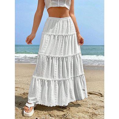Women's Boho Flowy Maxi Skirt Flared Ruffle Elastic Waist Summer A Line Long Skirts
