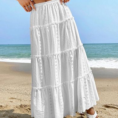 Women's Boho Flowy Maxi Skirt Flared Ruffle Elastic Waist Summer A Line Long Skirts