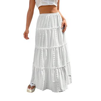 Women's Boho Flowy Maxi Skirt Flared Ruffle Elastic Waist Summer A Line Long Skirts