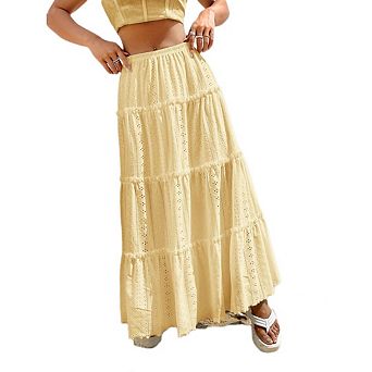 Women's Boho Flowy Maxi Skirt Flared Ruffle Elastic Waist Summer A Line Long Skirts