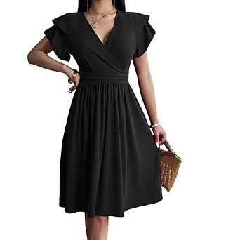 Women's Classic V-Neck Double-Layer Sleeve Dress Slim-Fit Waist-Cinching Pleated Party Daily Dress